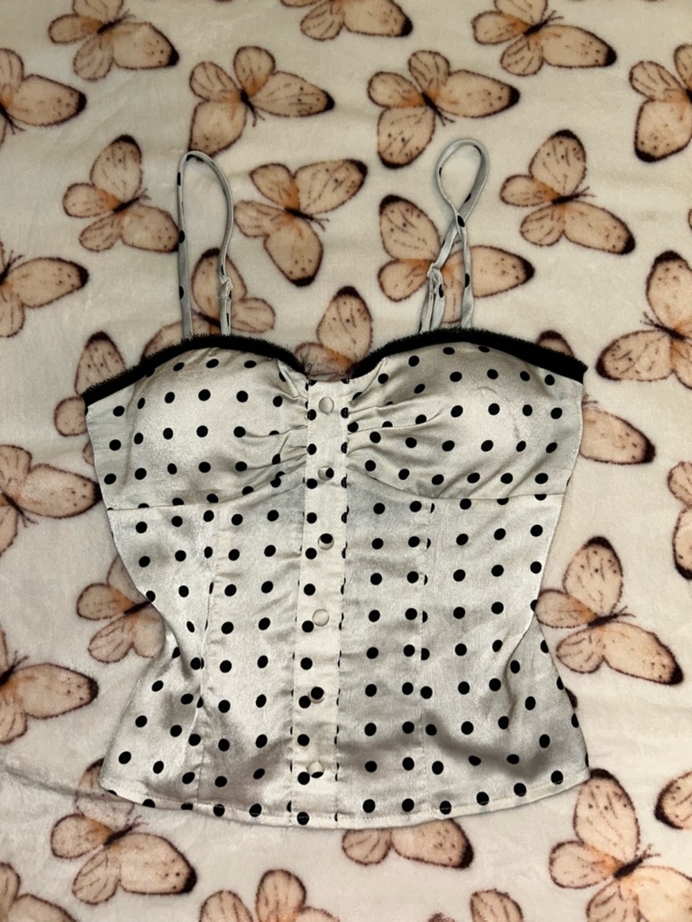 Polka Dot Satin Bustier Cami Top - White with Black Dots